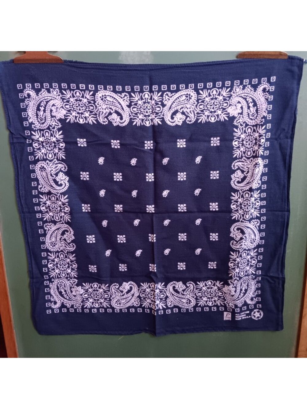 Vintage Cowboy Bandanna Blue Hanky Paris 2x20" 100% Cotton Made In USA Square